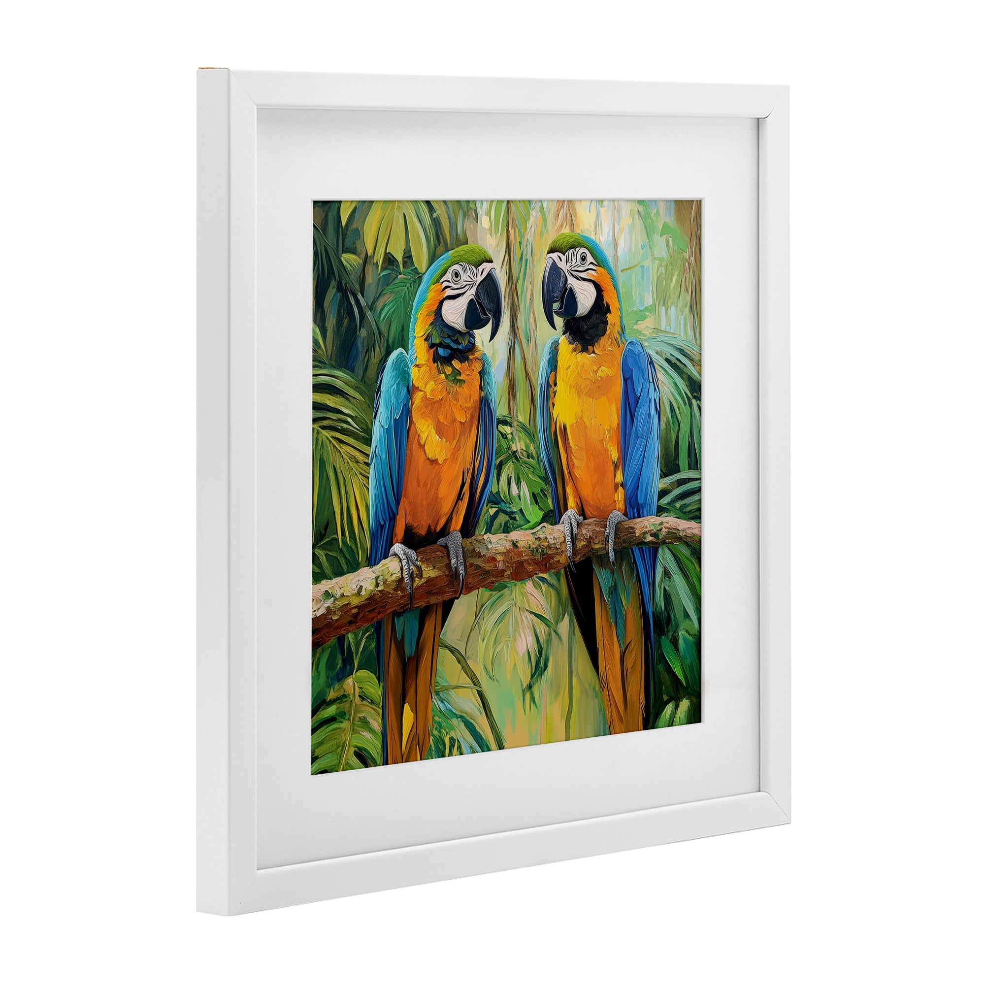 Stupell Industries Two Macaws Among Foliage White Framed Print Under Glass, design by Petal Prints Design