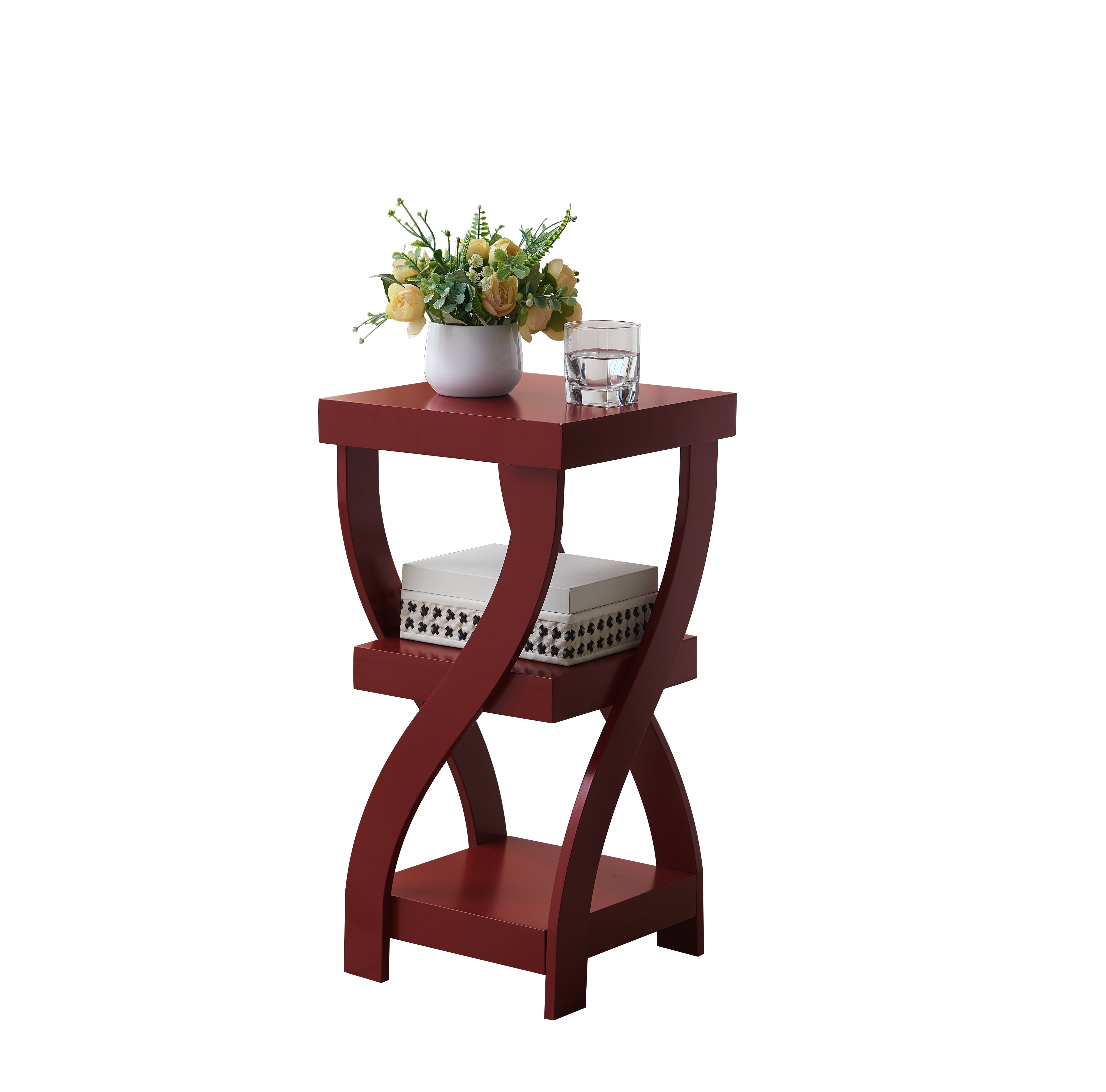Kings Brand Furniture Lionel 3-Tier End Table, Twisted Wood Accent Side Table with Open Storage Shelves, Modern Narrow Nightstand for Living Room, Bedroom, Office or Entryway (Red)