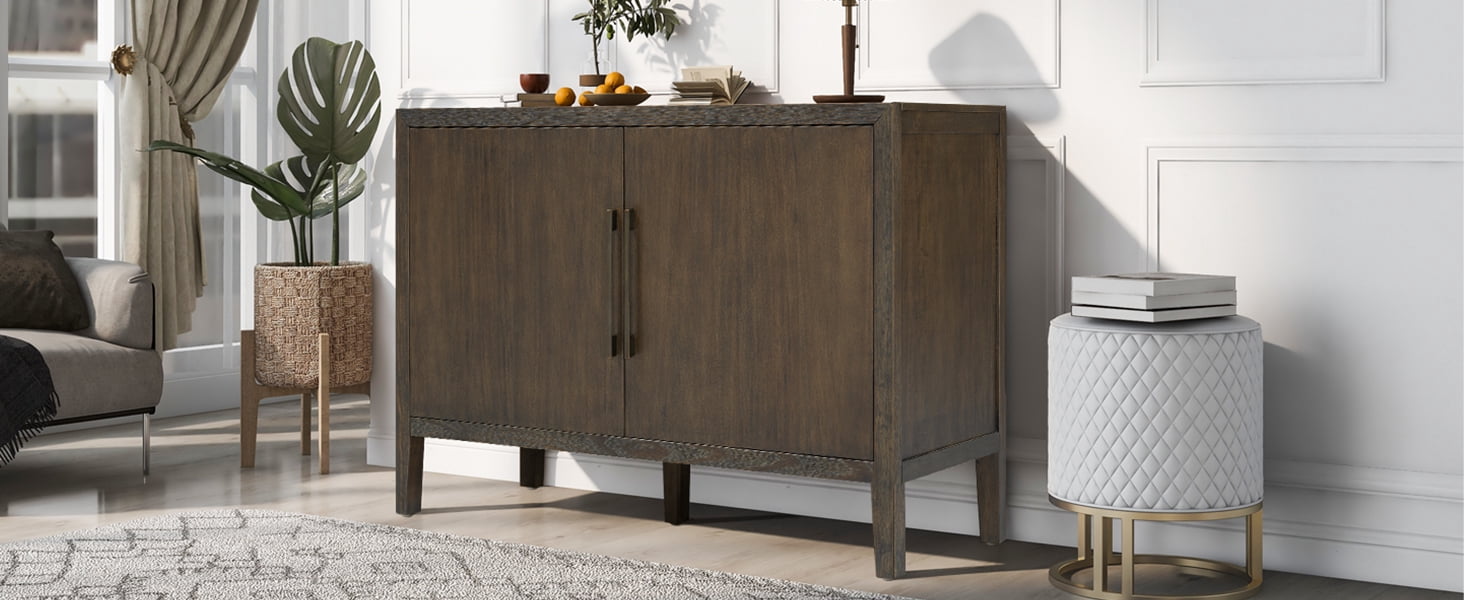 Mintazer 47.25" Farmhouse Sideboard with 2 Doors & Adjustable Feet, Wooden Storage Cabinet with Pine Veneer & Metal Handles for Entryway Living Room, Dark Brown