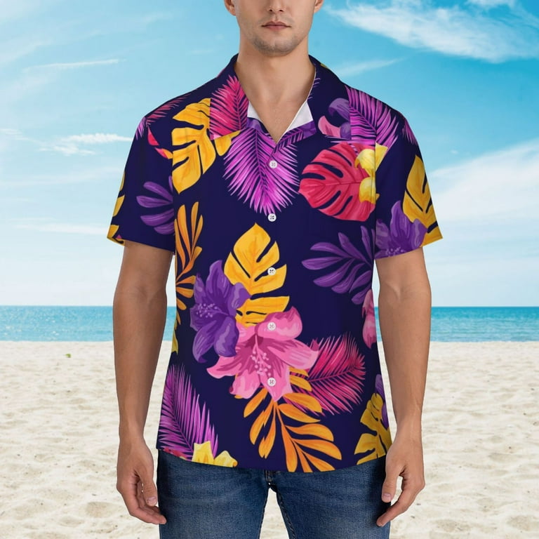 JUNZAN Purple Flower Pattern Hawaiian Shirt for Men,Summer Beach
