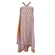 Mogul Women Wrap Around Skirt Reversible Red Printed Premium Silk Sari Two Layer Halter Dress