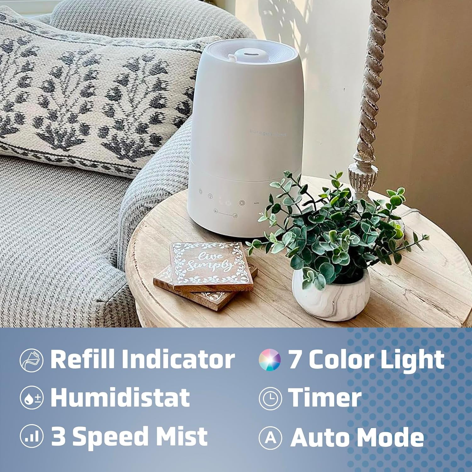 H955W Top Fill Cool Mist Ultrasonic Humidifier for Large Rooms with Humidistat and Timer