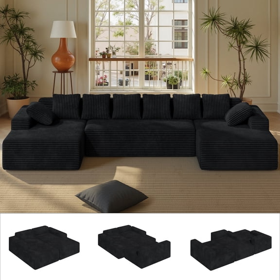 Daluvenix 131'' Modular Sectional Couch Modern U-Shaped Floor Sofa with Double Chaise Lounge Free Combination Luxury Couches for Living Room Black