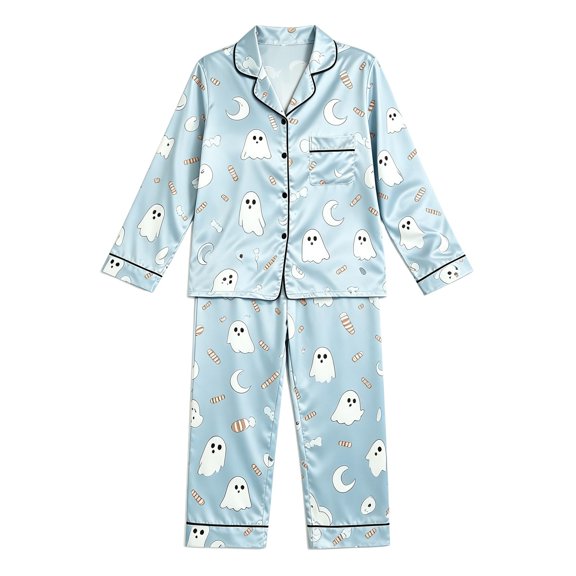 RUTAYY Girls Halloween Pajama Set Button Down Ghost Moon Candy Graphic 2 Piece Sleepwear Fall Indoor Relaxation Sky Blue