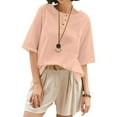 thumbnail image 4 of QingYiHua Summer Short Sleeve Cotton Linen Shirt Trendy Button Up Crew Neck Casual Top High-Low Hemline Tops Plus Size Trendy Clothes,Pink, 4 of 9