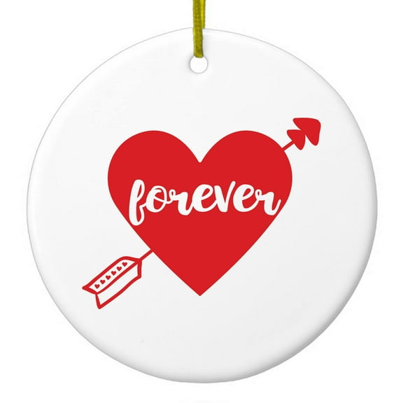DistinctInk Hanging Ceramic Christmass Tree Ornament with Gold String - Great Gift / Present - 2 3/4 inch diameter - Heart Arrow Forever Valentine