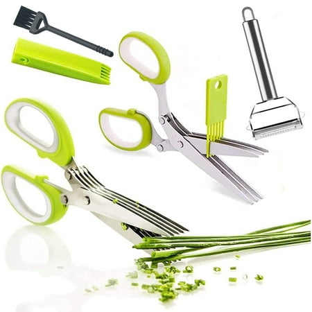 

2Pack Herb Scissors Set - Culinary Multipurpose Cutting Shears with Stainless Steel 5 Blades Herb Stripper Safety Cover and Cleaning Comb for Cutting Cilantro Onion Salad with Vegetable Peeler