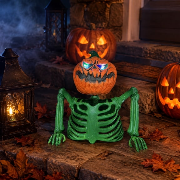 Halloween Pumpkin Skeleton Tabletop Prop with Glowing Eyes, Half Body Skeleton Torso Decoration for Mantel Shelf and Haunted House, 7.87 Inch