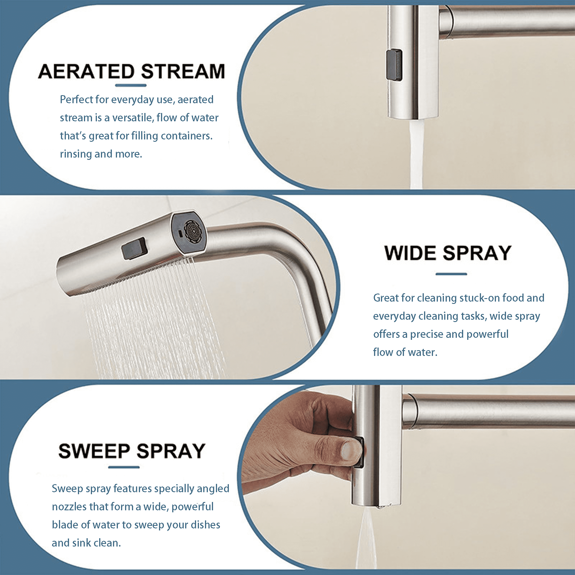 SERABETTO silver Kitchen Faucets with Pull Down Sprayer,Waterfall Kitchen Sink Faucet,3 Modes(Sweep/Stream/Waterfall) Rotary Switch