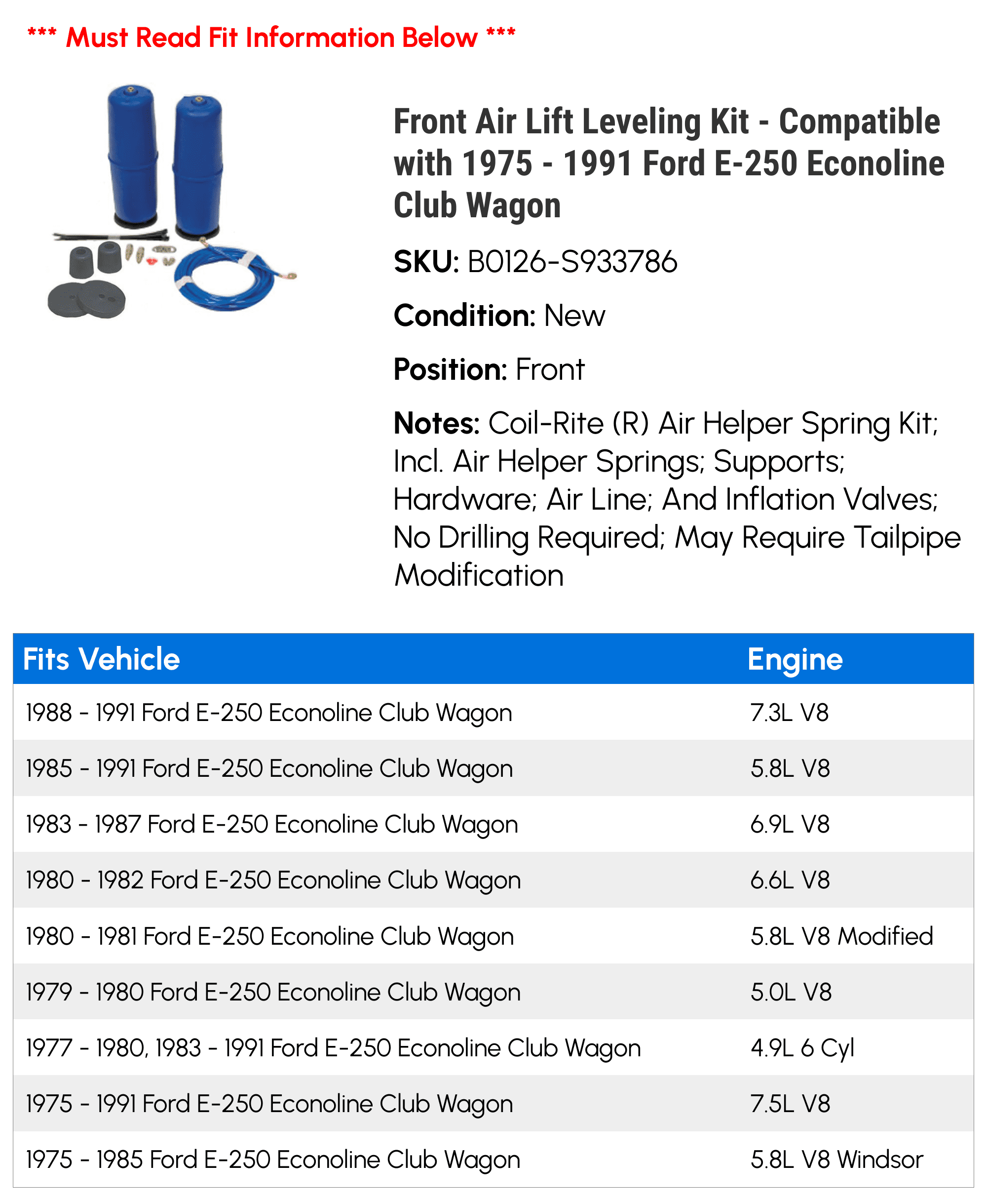 Front Air Lift Leveling Kit - Compatible with 1975 - 1991 Ford E-250 Econoline Club Wagon 1976 1977 1978 1979 1980 1981 1982 1983 1984 1985 1986 1987 1988 1989 1990