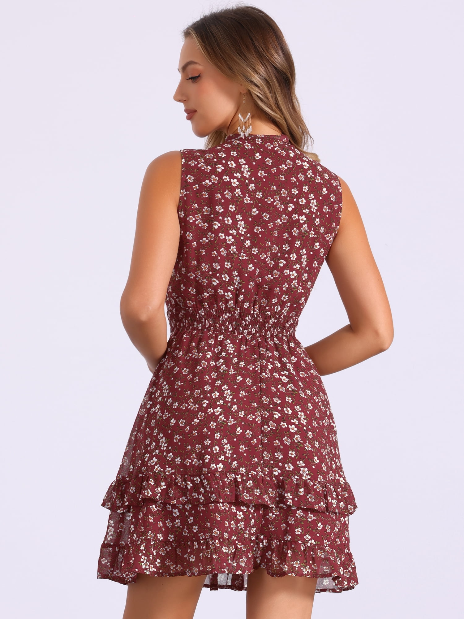 DARING DIVA Floral Chiffon Smocked Waist Ruffled Dress L Burgundy