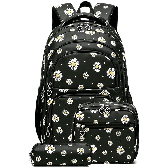 AoDai Pink Daisy Backpack Set for School with Lunch Bags Water Resistant Lightweight Large Backpacks for Teen