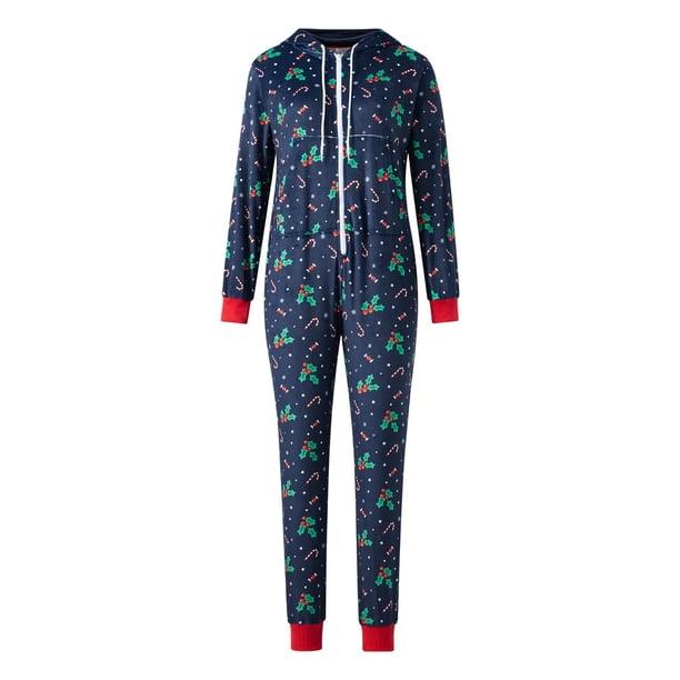 Mono largo para dormir en el hogar para mujer, pijama de manga larga con cremallera y capucha abigarrada con patrones navideños