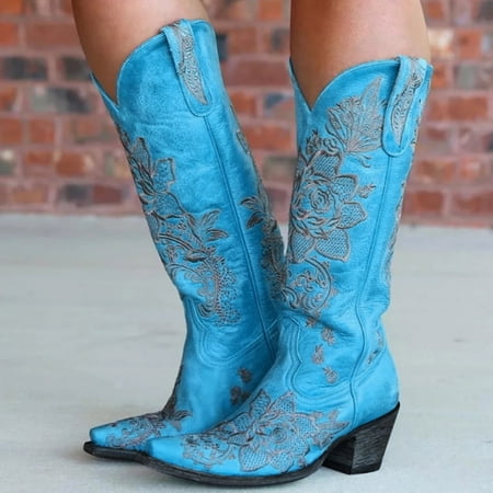 

ertutuyi middle print embroidery women shoes flowers round slip on toe retro booties heels women s boots blue 40