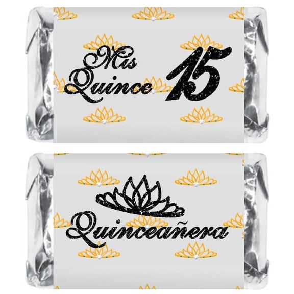 Mis Quince Miniature Candy Bar Wrapper, Quinceanera Mini Chocolate Bar Stickers for 15 Birthday Party, Table Top Event Decorations, (Set of 60) Candy Not Included (Black)