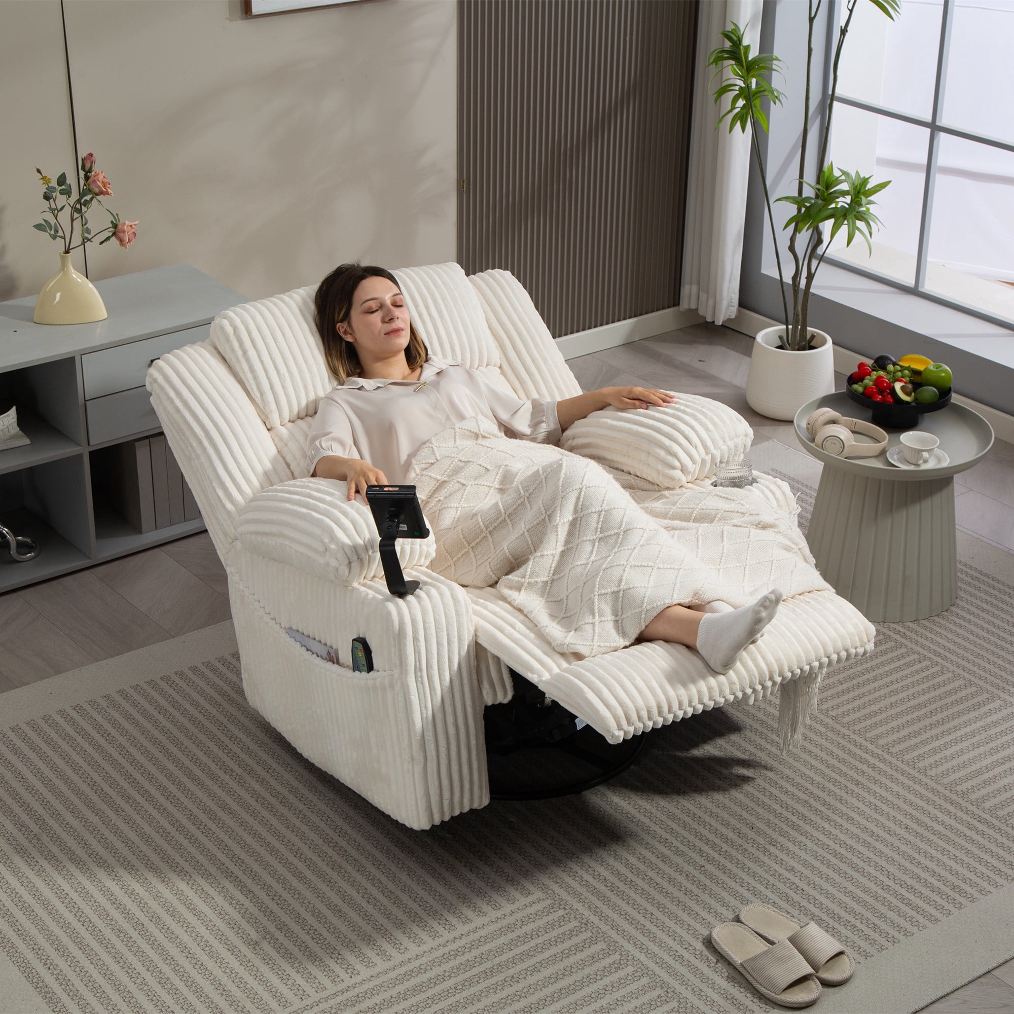 LITVZ Power Oversized Swivel Rocker Recliner with Adjustable Headrest, Dual Motor Glider Nursery Rocking Chair with Vibration Heat, USB A&C Ports, Armrest Storage, Cup Holder for Adults