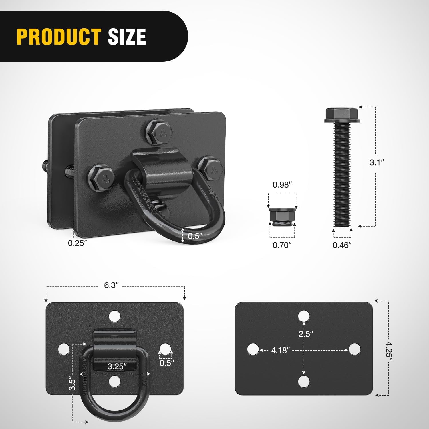 Nilight 2Pcs 1/2" D Rings for Trailers Heavy Duty Trailer Tie Down Rings, Grade 70 Forged Steel Bolt-On Grab with Back Plates for Tractor Bucket RV UTV Truck MBS 12000 lbs, Black