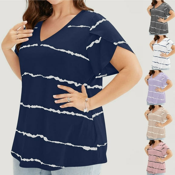 Womens Fashion Summer Tops 2025 Plus Size Large Leaf Sleeve Printed Short Sleeved V-Neck Top
