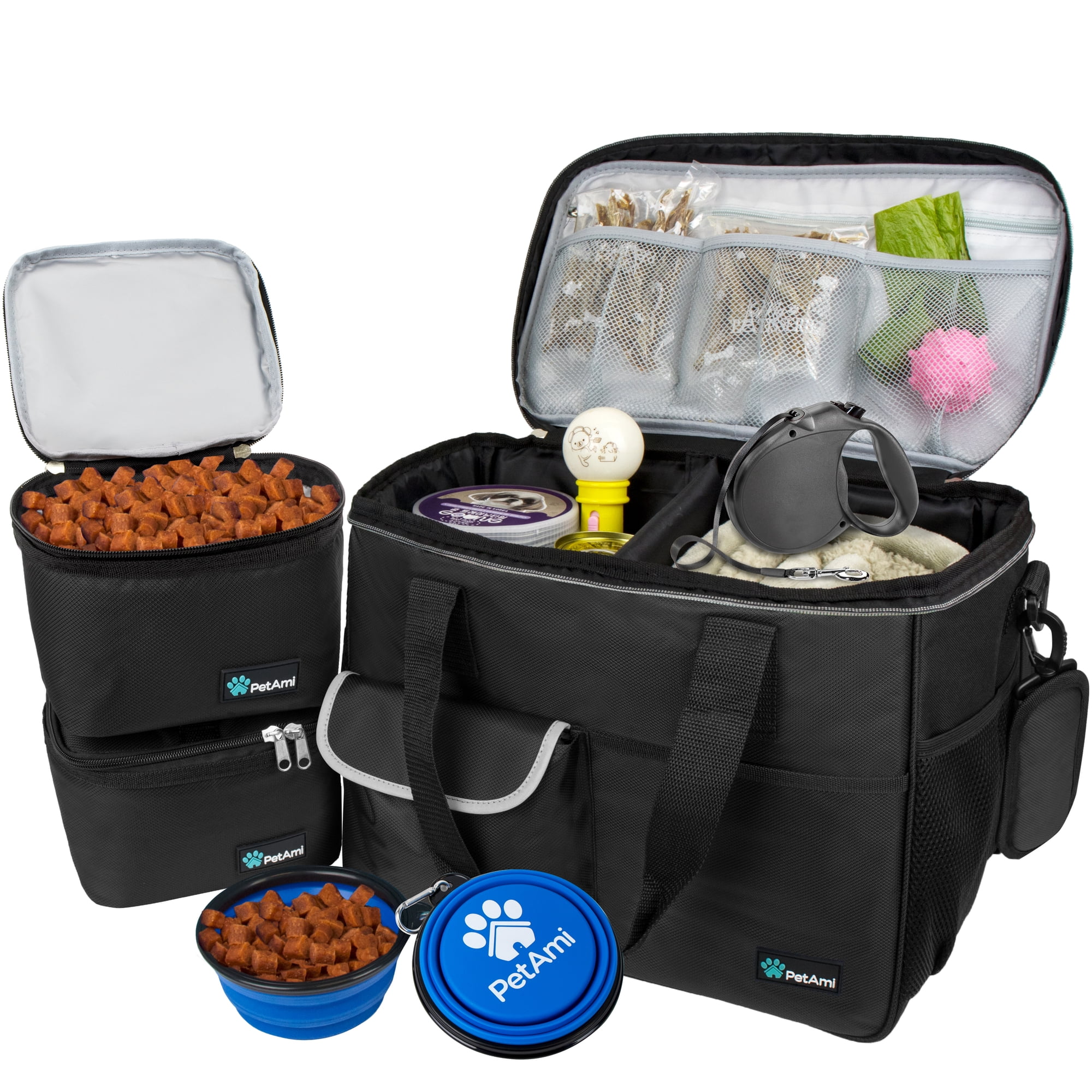 PetAmi Dog Travel Bag, Travel Pet Bag Organizer, Dog Food Travel Bag with Food Container and Bowls, Dog Travel Supplies Gift Accessories for Weekend Camping, Dog Cat Diaper Bag (Black, Medium)