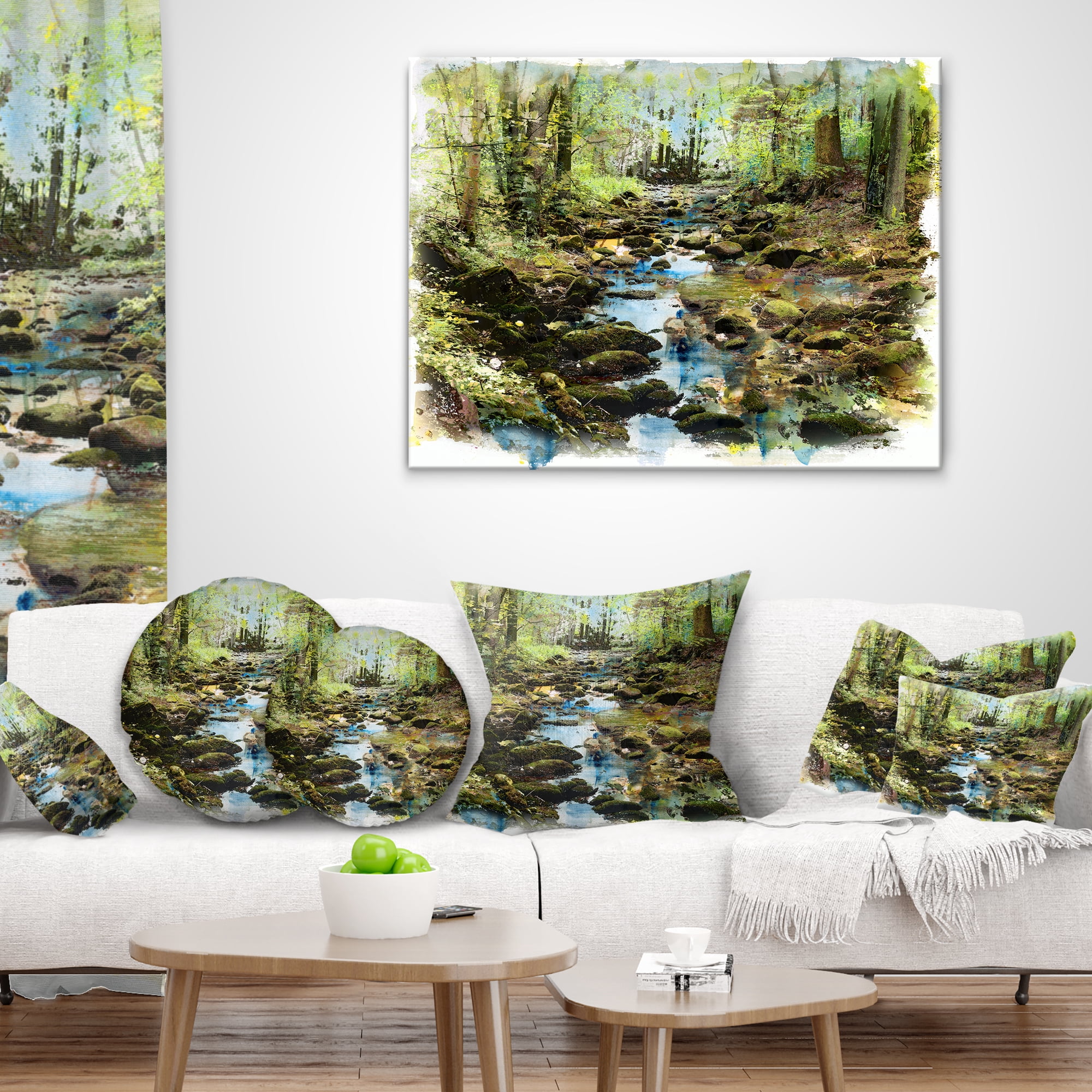 Designart Stream in the Forest - Landscape Painting Throw Pillow - 16x16