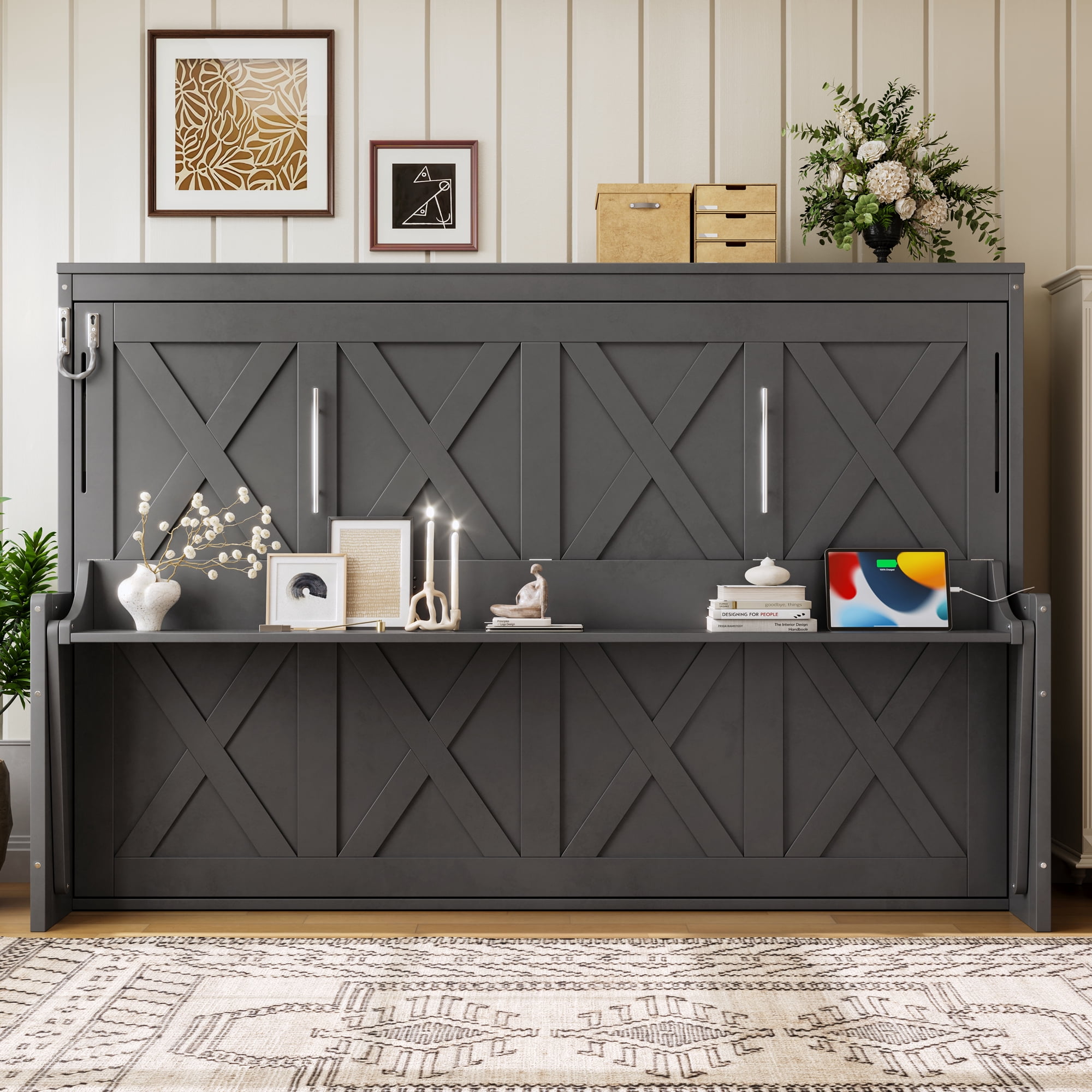 Mintazer Full Murphy Bed with Desk & Pegboard Storage, Farmhouse Foldable Bed with Charging Station & LED Lighting for Bedroom Guest Room, Dark Gray