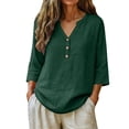 thumbnail image 2 of Women's Casual V Neck Button 3/4 Sleeve Linen Blouse Loose Fit Color Tops for Summer, 2 of 6