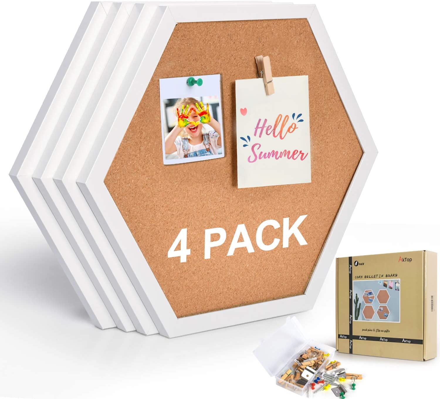 Cork Bulletin Board Hexagon 4 Pack, Small Framed Corkboard Tiles for Wall, Thick Decorative