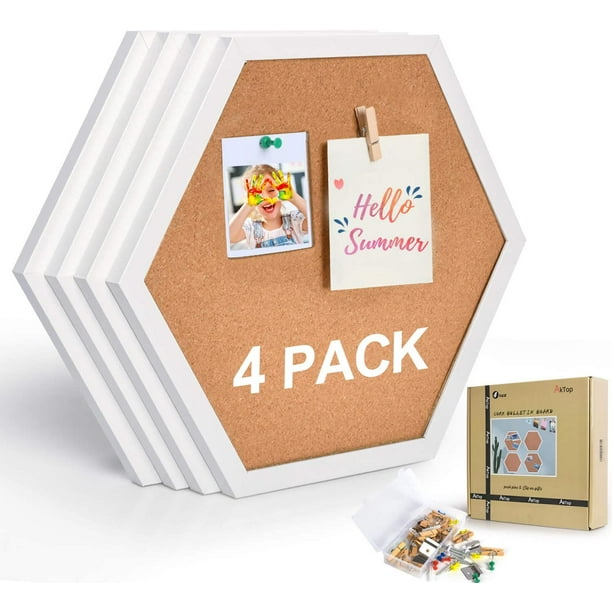 Cork Bulletin Board Hexagon 4 Pack, Small Framed Corkboard Tiles for