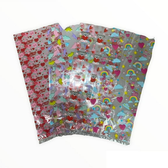 Happy Valentine's Day Cello Bags with Silver Twist Tie; 5"x3x11.5"; Mix of 4 Style with 25 pieces each: Total of 100 pieces