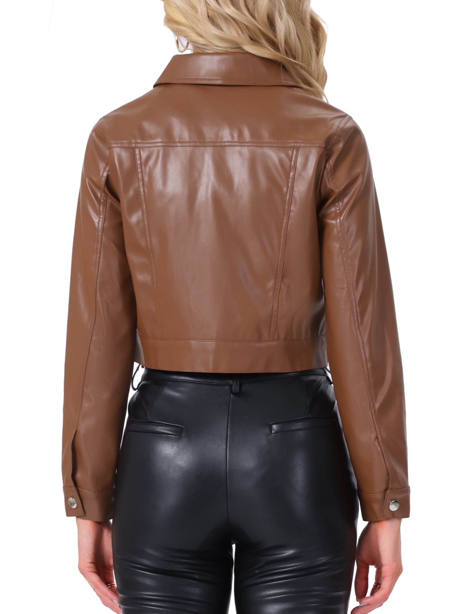 INSPIRE CHIC Women's Holographic Shiny Biker Button Down Metallic Jacket S Brown