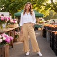 thumbnail image 4 of Satingcolo Linen Pants Women Wide Leg Ruffle Hem Pull On High Waisted Elastic Waist Cropped Ankle Casual Beach Summer Pants Khaki S, 4 of 8