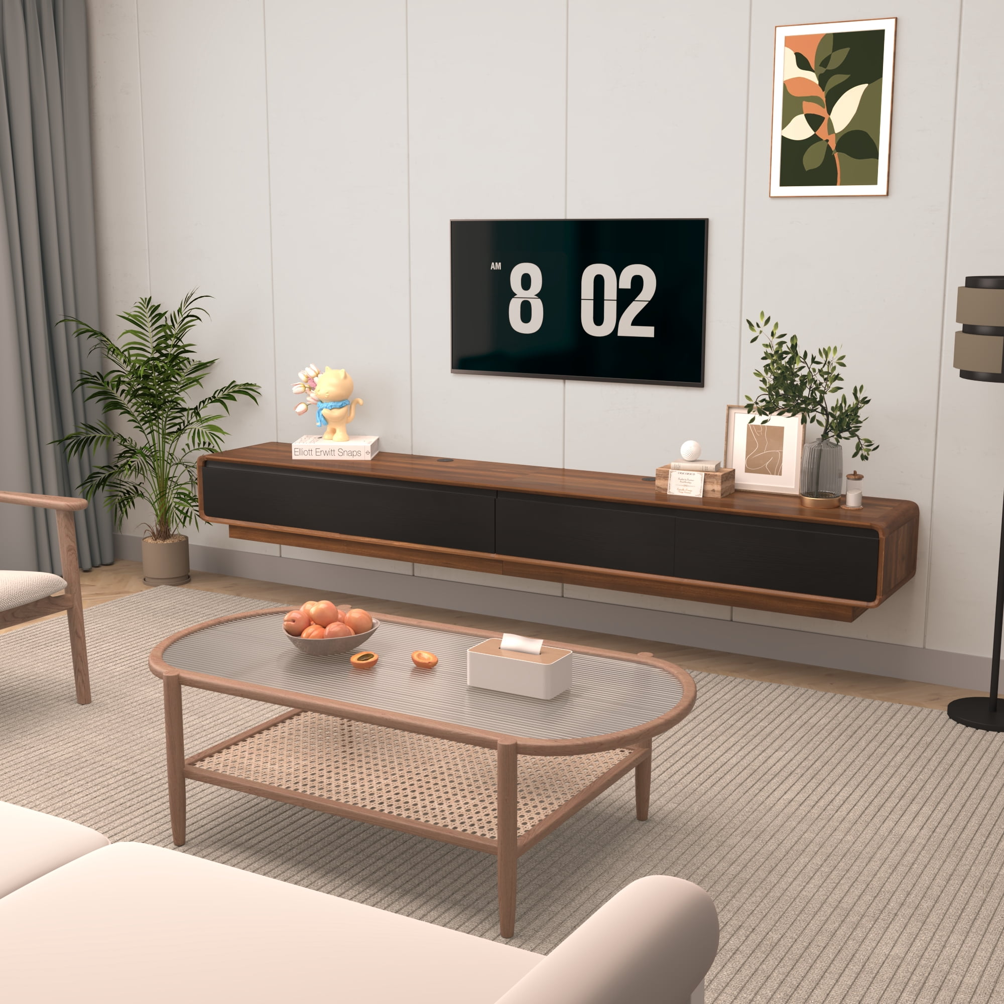 Blotout 94.5''Minimalist Floating TV Stand, Modern Wall-Mounted Media Console with 4 Drawers for Wall-mounted TV Up to 110'', Walnut & Black
