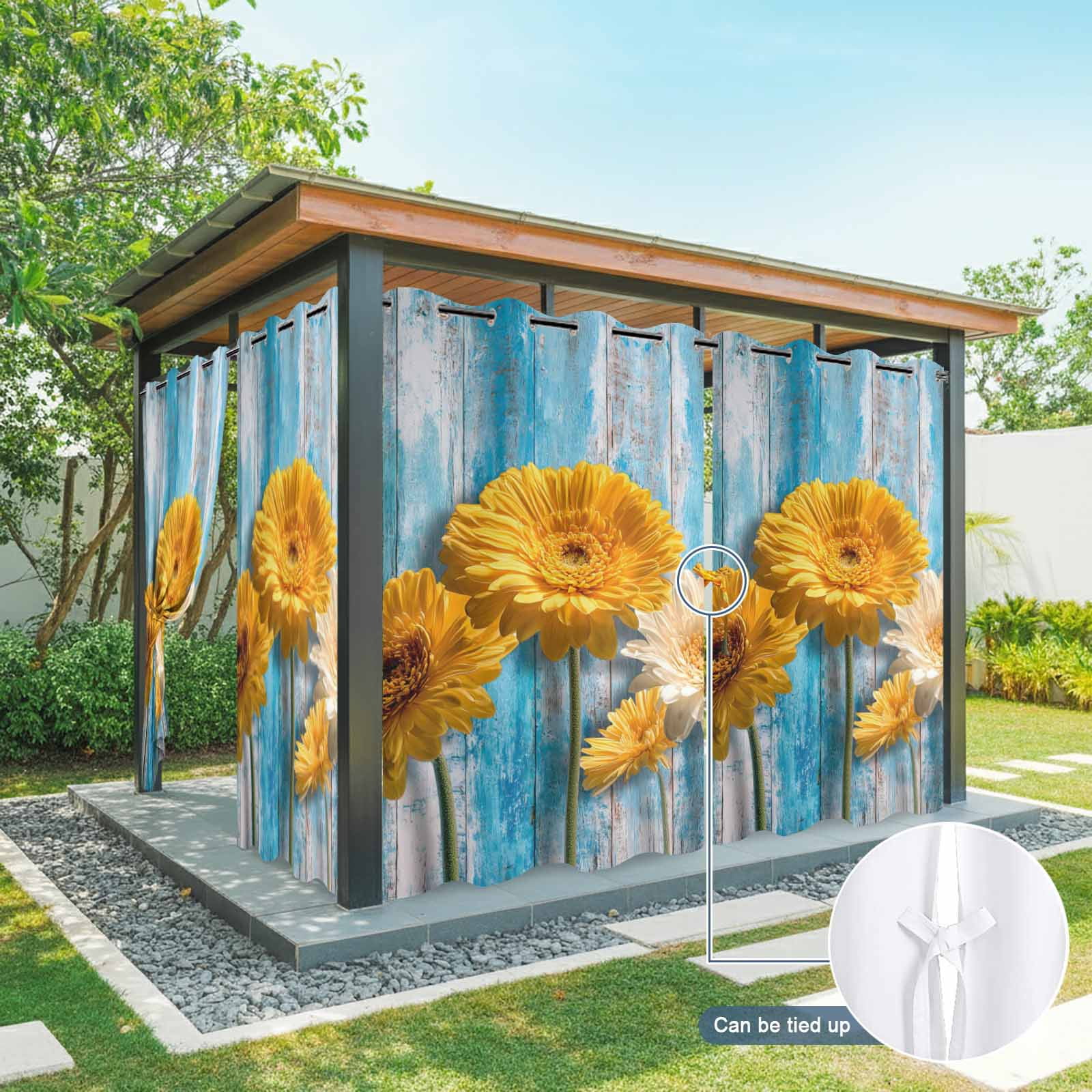 White and Yellow Daisy Outdoor Curtains for Patio, Minimalist Art Floral Blue Wood Grain Sunshade Privacy Drapes Grommet Waterproof Outside Curtains for Porch/Cabana/Balcony 54"x 108", 1 Panel