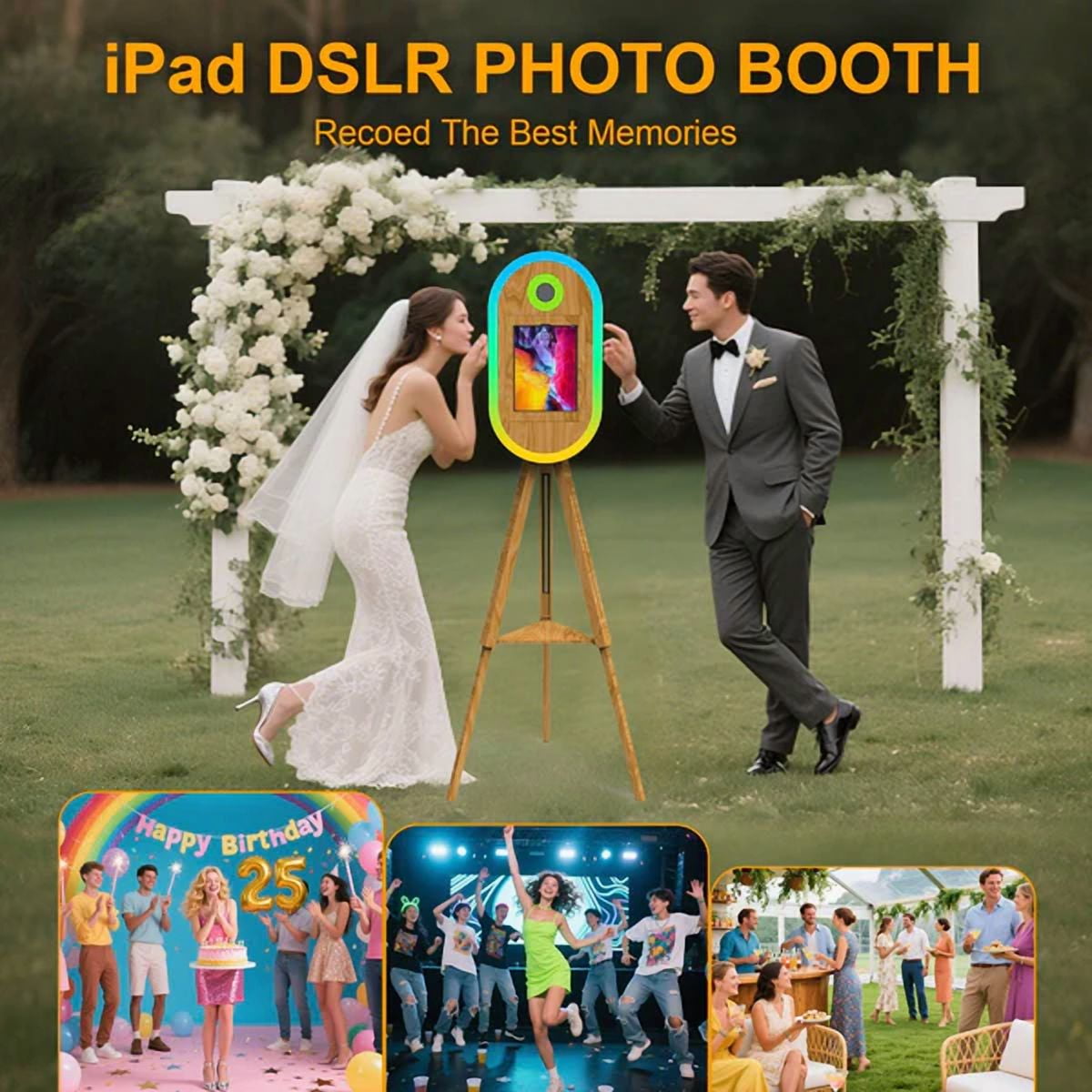 Tripod iPad DSLR Photo Booth Compatible with all Size iPad and DSLR camera Built-in RGB ring light for Parties and Weddings Events & Business