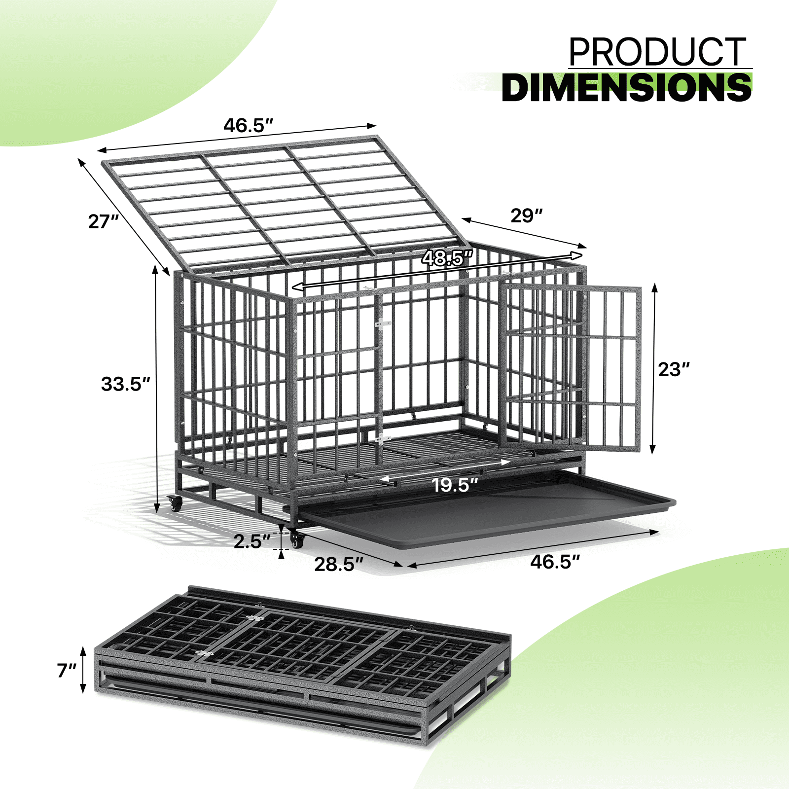 Magshion 48.5" Large Alloy Steel Heavy Duty Indestructible Dog Crate, Escape-Proof Dog Crate Cage Kennel for Large Dogs, Double Door Dog Crate with Removable Crate Trays and Wheels, Dark Silver