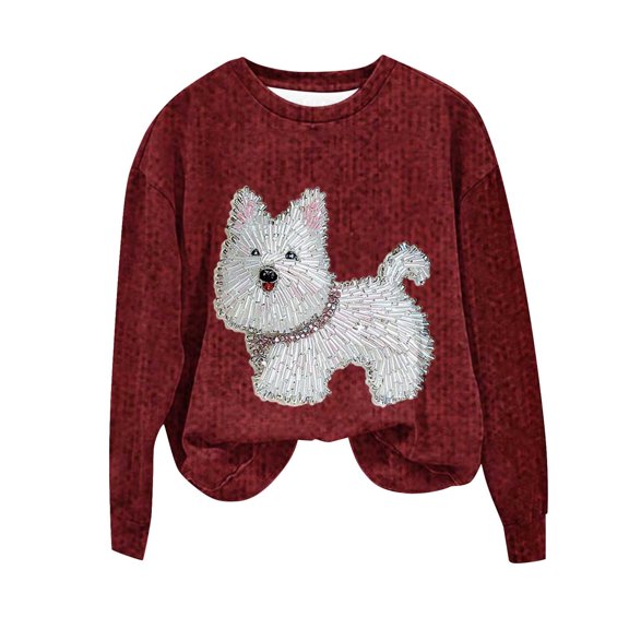 Womens Cute Pullover Westie Dog Rhinestone Sweatshirts Fleece Soft Tops Long Sleeve Sweatshirt Vacation Travel Dropped Shoulder Fall Winter Outfits