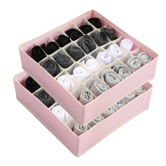 Set of 2 Drawer Organizer, Non-Woven Fabric Divider Drawer Organizer 24 Cells, Collapsible Storage Boxes for Socks, Underwear, Ties, Scarves（Pink）
