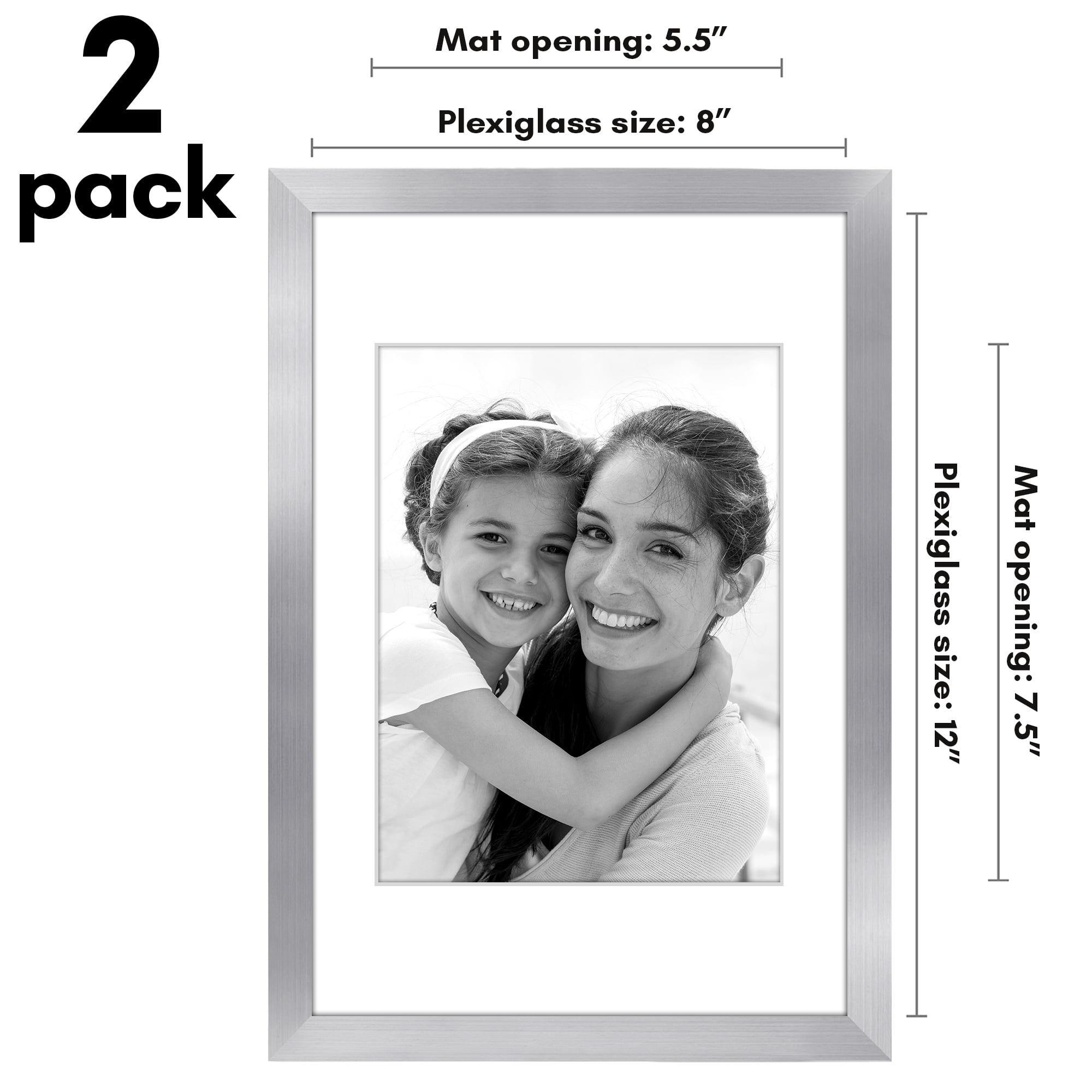 Americanflat 8x12 Picture Frame with Polished Plexiglass with 6x8 Mat 2 Pack Display Photo Galleria - Silver