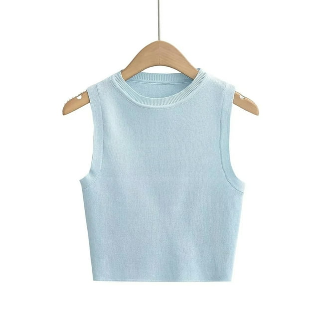 YTDSCS Gilet Chandail pour Femmes Col Rond Tricoté Été Chandail T-Shirt Extensible Couleur Unie Hauts S-L