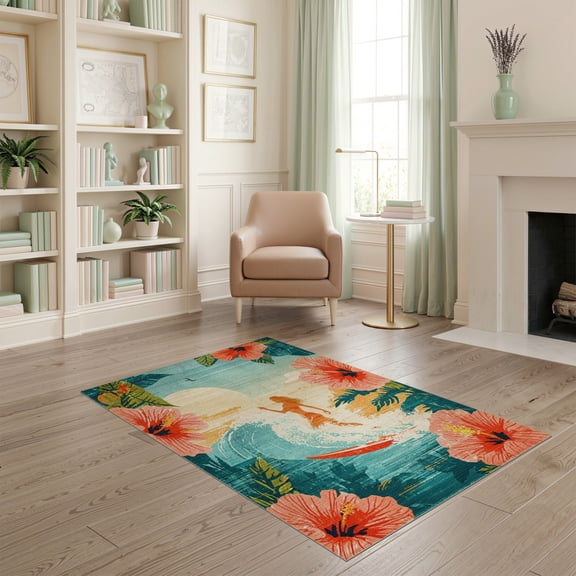 ODIKA 4'x6' Tropical Hibiscus Surfboard Artwork Area Blue Washable Rug for Home Office, Under Desk, Non-Slip Chair-Friendly, Flatwoven