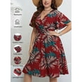 thumbnail image 3 of FlorCurve Plus Size Dresses for Women Short Sleeve Surplice V Neck Midi Dress A-Line Floral Print Summer Casual Beach Sundress, Red XL, 3 of 7