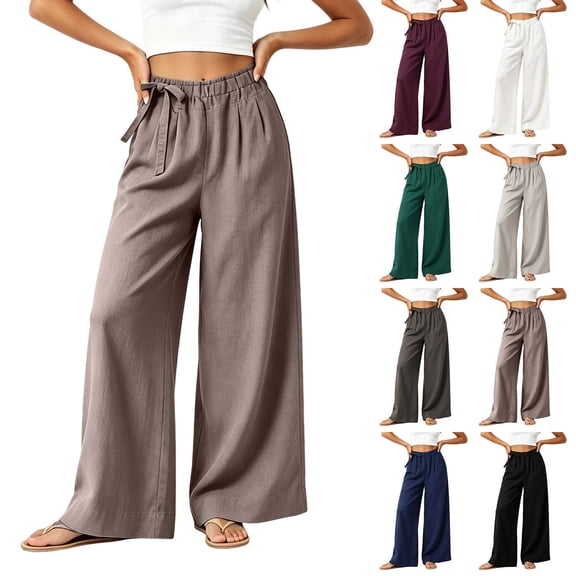 VBVC Women's Cotton Linen Side Drawstring Pants , High Waisted Wide Leg Trousers For Women , Ladies' Lightweight Pleated Bottoms with Pockets, Army Green , M-3XL