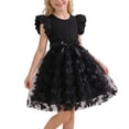 thumbnail image 5 of Girls Tulle Dress with 3D Butterfly Appliques Satin Bow Belt Ruffled Short Sleeves A-Line Kids Party Dress for Birthday Wedding Black Ages 3-10,Size 7-8T, 5 of 7