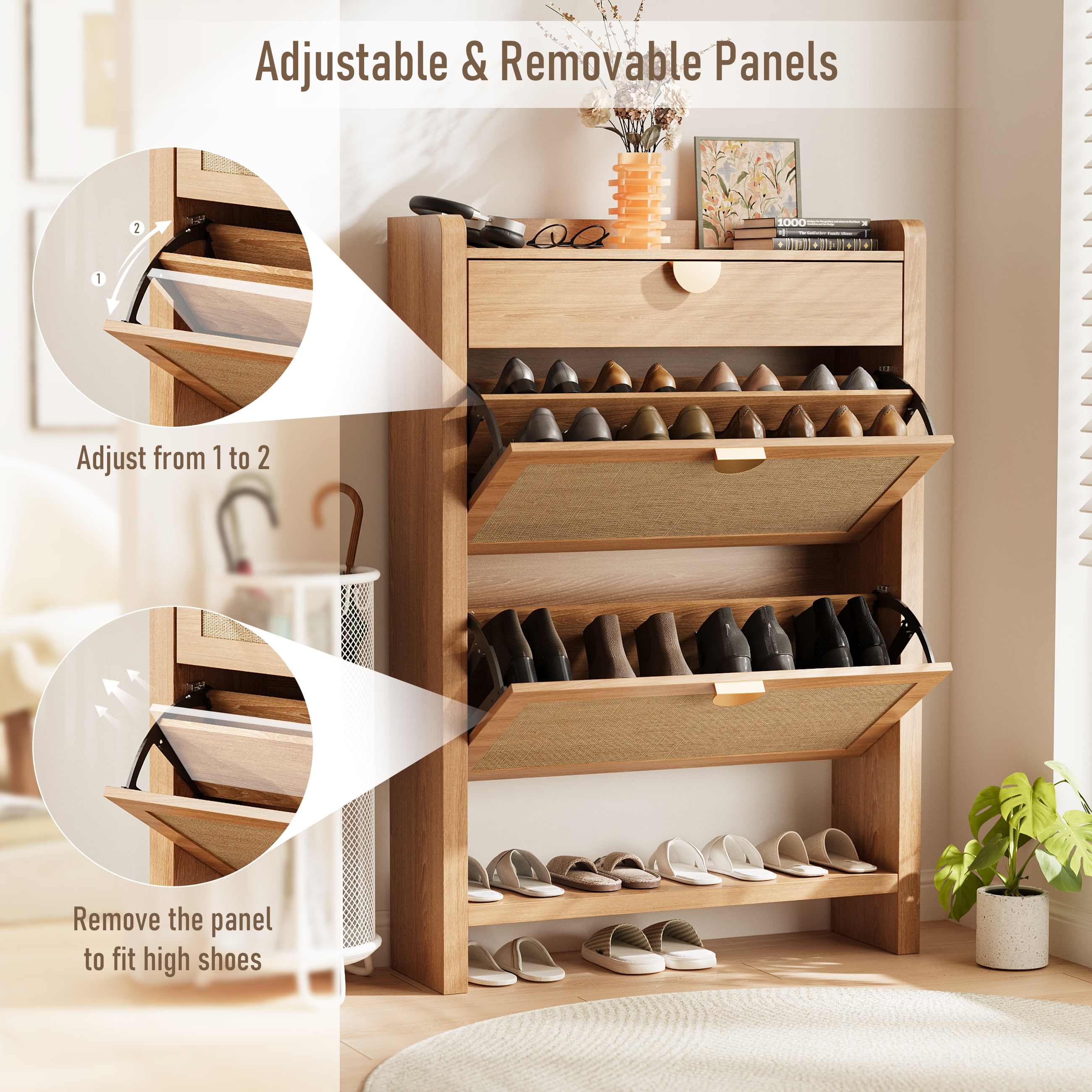 Shoe Cabinet with 2 Flip Drawers, Entryway Storage Organizer, Hidden Shoe Rack Narrow Freestanding Design Natural Oak