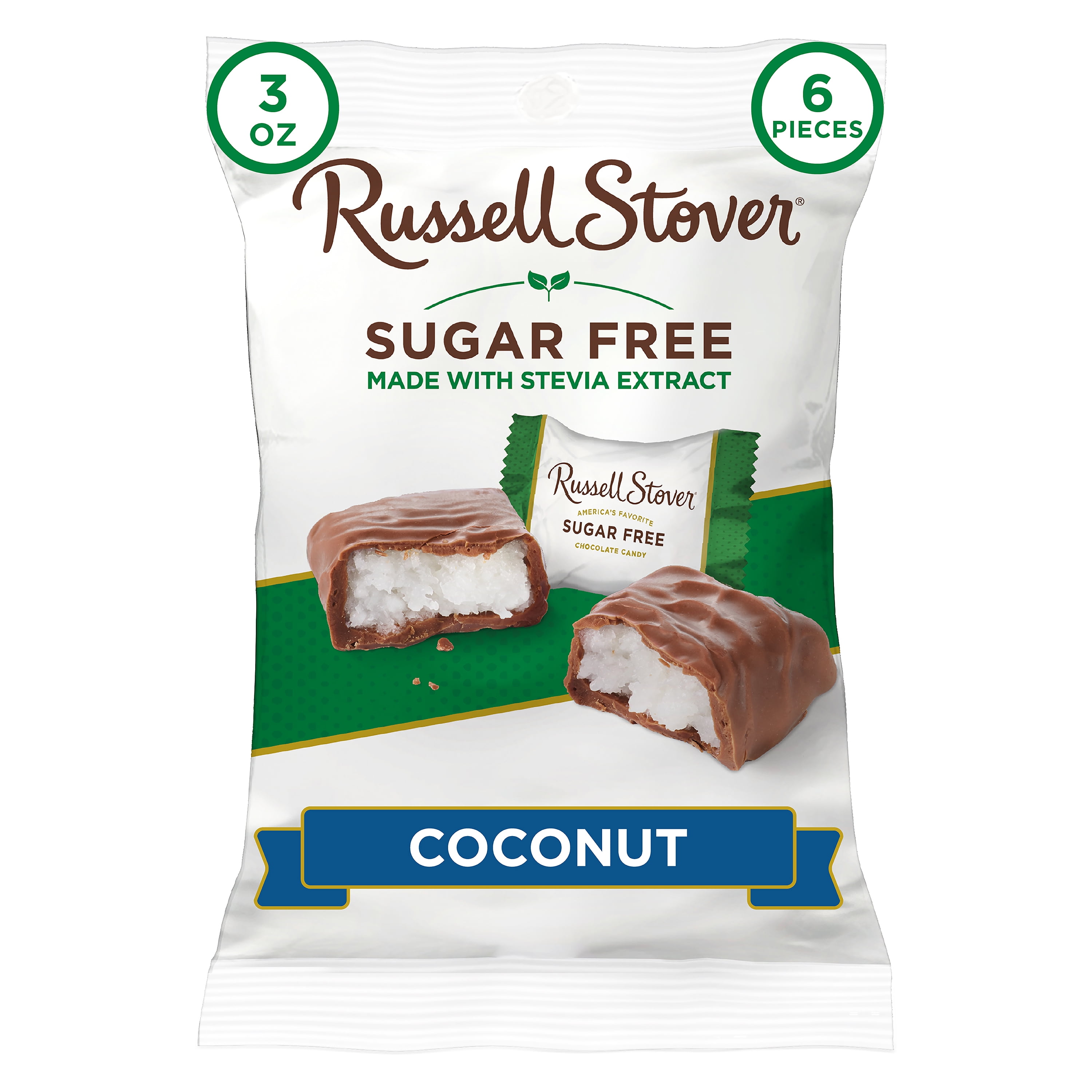 Russell Stover Sugar Free Coconut with Stevia  Sweet Coconut in Chocolate Candy, 3 oz. Bag