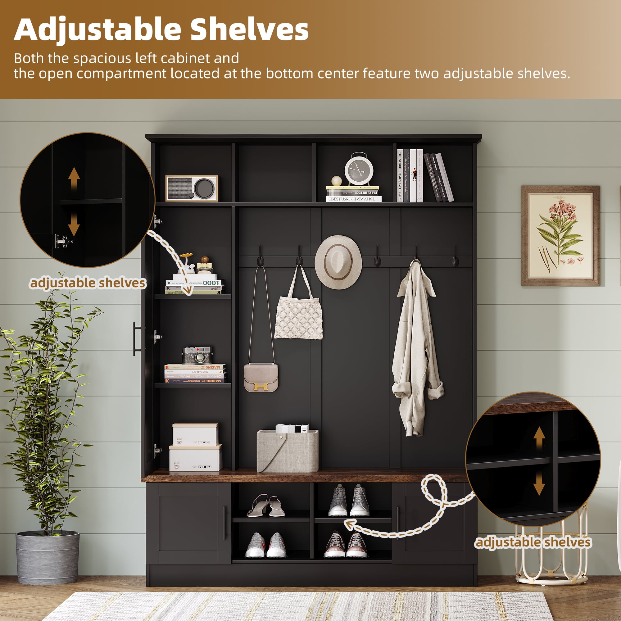 Euroco Versatile 3-in-1 Hall Tree with 6 Hooks, Farmhouse Walnut Storage Bench with Adjustable Shelves, 55"W Entryway Coat Rack with Multiple Storage Space