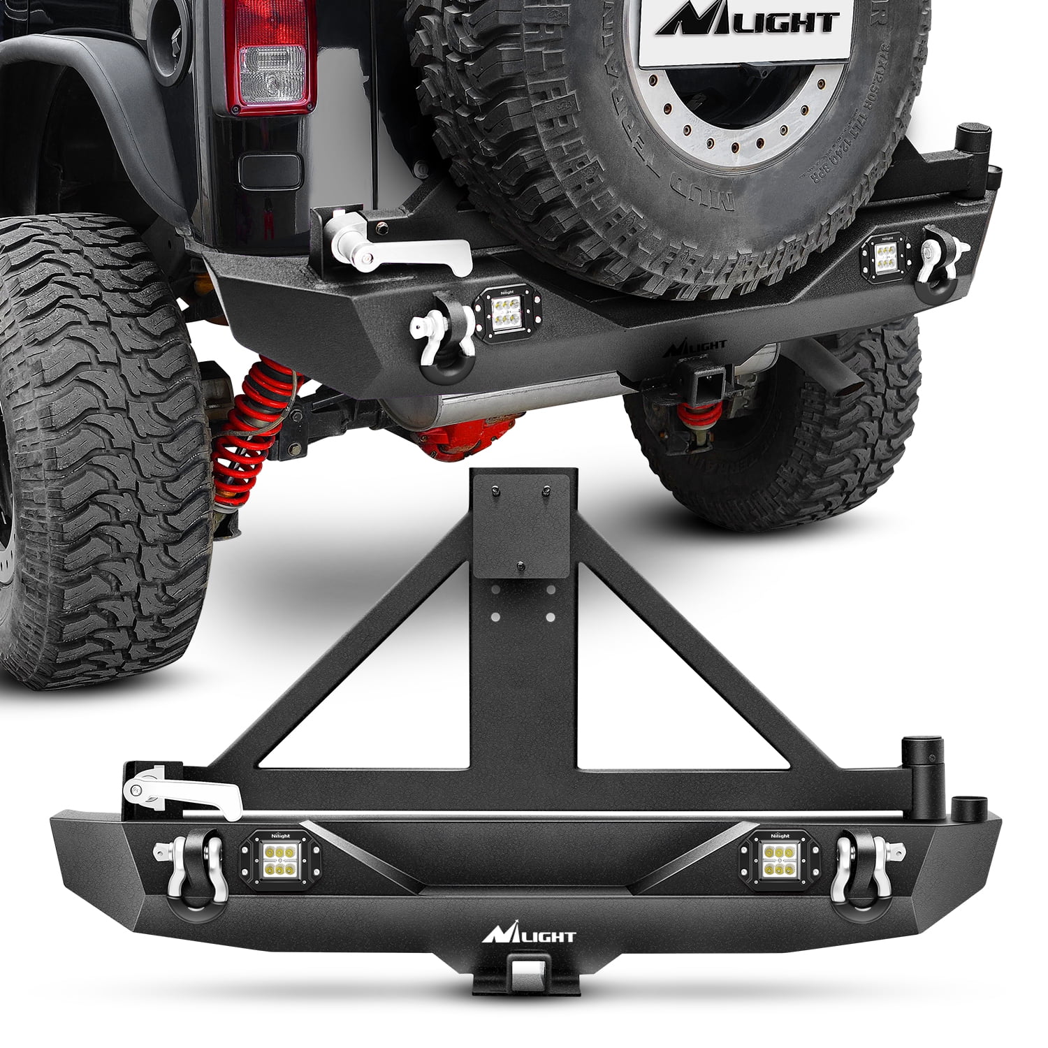 Nilight JK-53A Rear Bumper & Spare Tire Rack & Hitch Receiver w/2 LED  Lights Compatible for 2007-2018 Jeep Wrangler JK & Unlimited 