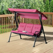 3-Seat Glider Porch Swing with Stand Outdoor Metal Porch Swing Chair Bench Canopy Top