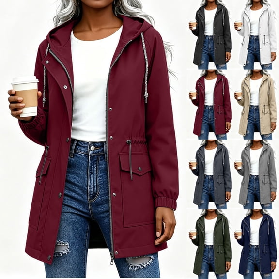 Zip Up Casual Outdoor Jacket for Women Solid Color Mid Length Hooded Drawstring Waterproof Jacket With Snap Button And Zip Closure Elastic Cuffs And Back Cord Casual Outdoor Windbreaker
