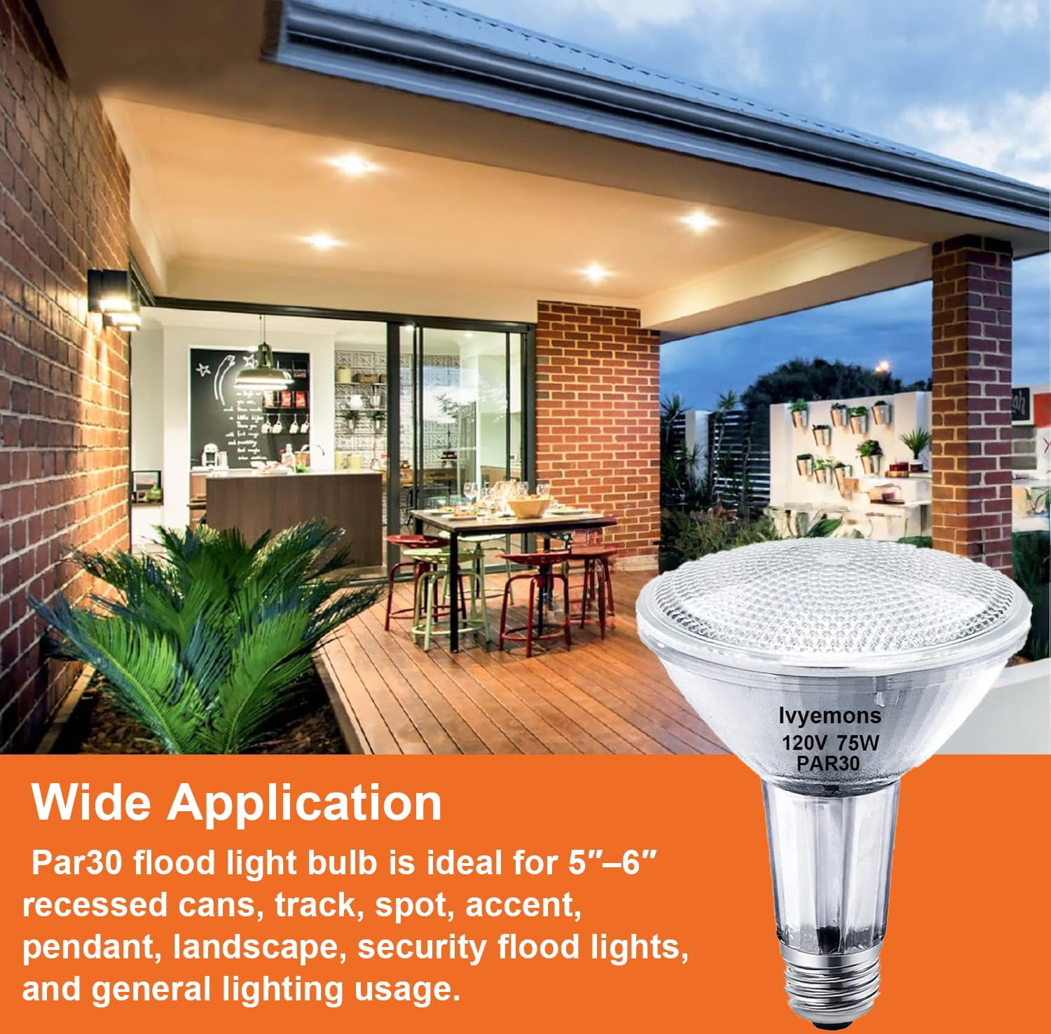 Ivyemons Par30 Long Neck Halogen Flood Bulbs 6-Pack 75W Dimmable Flicker-Free 2800K Warm White E26 Base for Accent/Track/Recessed